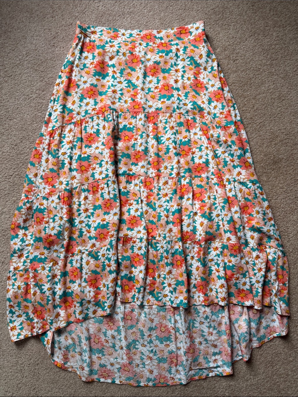 Floral Tiered Maxi Skirt - Coral & Teal Daisy Print